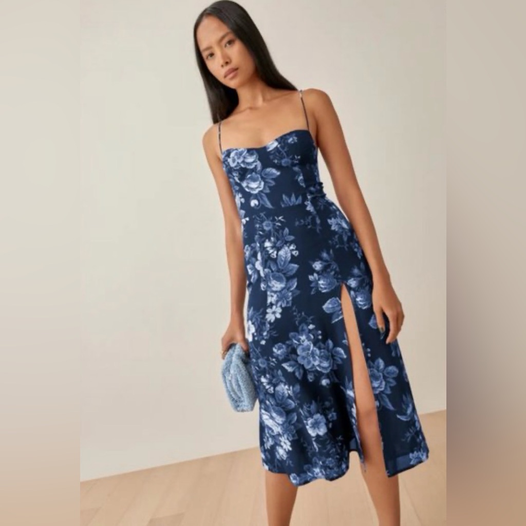 Reformation Navy Blue Floral Strapless Midi Dress